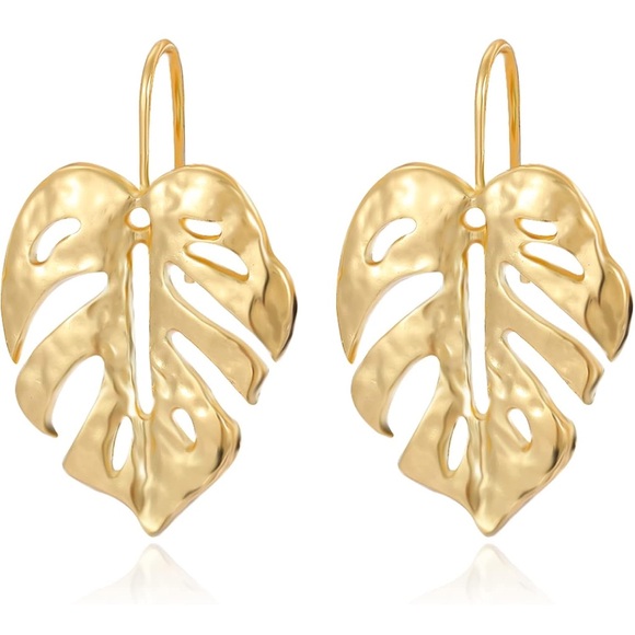 Gold Monstera Dangle Leaf Earrings - Picture 2 of 3